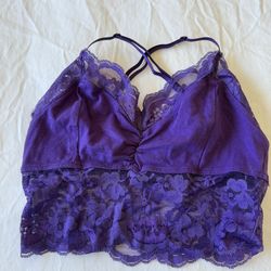 Romantic Violet Lace Bralette Crop Top – Silky Satin & Floral Lace – Strappy Back – Elegant Lingerie Style Top - Small
