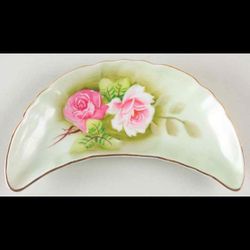 Lefton Heritage Green Bone China Crescent Pink Rose Trinket Tray Gold Trim. Candy Jewelry Soap Dish