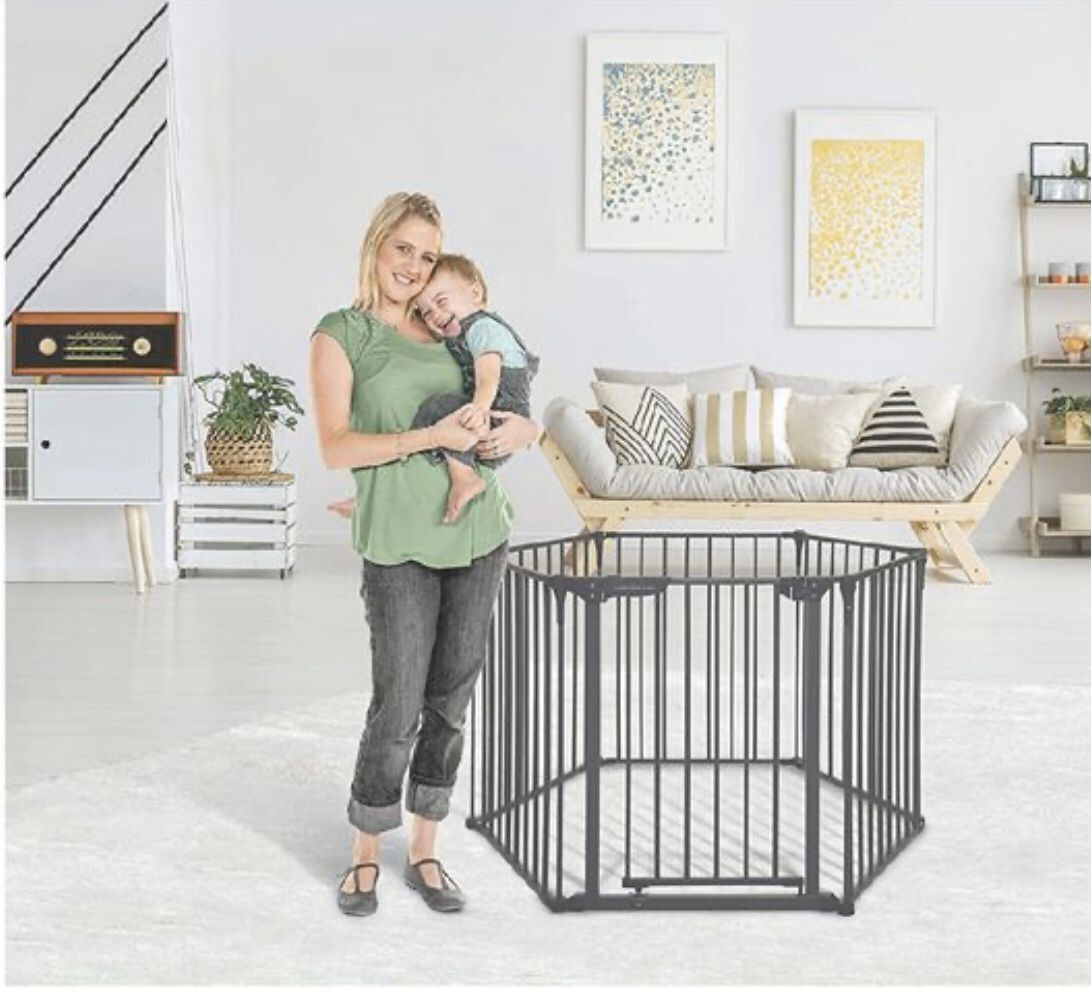 Little Chicks Oxford 3-in-1 Play Yard, Wide Barrier Gate, and Fireplace Guard. Can be used as a play yard, wide barrier gate or fireplace guard