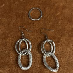 Silver Colored Earrings And Ring Set
