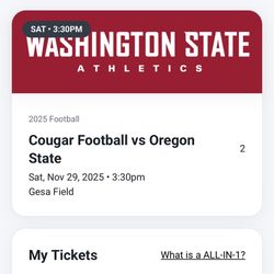 WSU 2 Club Level Seats Sec 106 Row C Vs Oregon State Nov 29  3:30