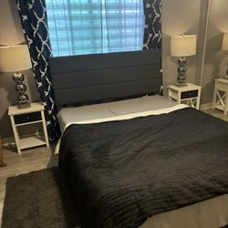 Full Sized Grey Bed With Great Modern Head Board