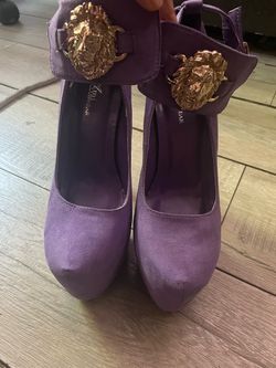 Purple Suede Platform Heels with Gold Lion Buckle