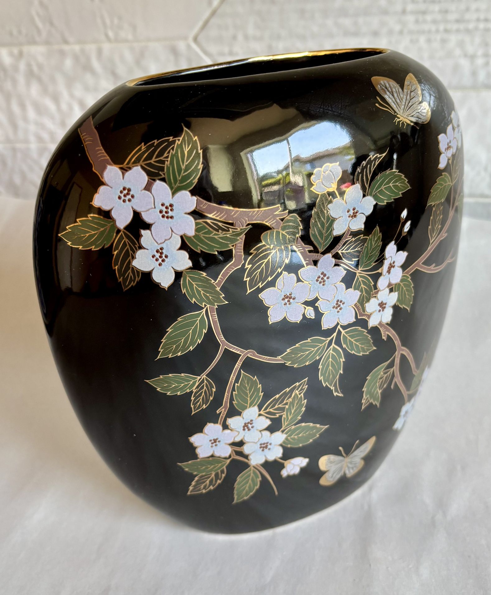 Vintage Japanese Pillow Vase With Sakura Flowers And Butterflies 
