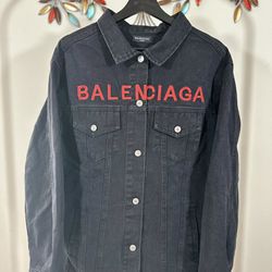 BALENCIAGA Red Letter Logo Embroidered Denim Black Jacket, Visit Our Profile For More Items Available…