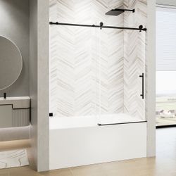 60" W X 60" H Frameless Single Sliding Shower Door, Soft-Close Matte Black Bathtub Door, 5/16" (8Mm) Clear Nano-Coated Tempered Glass With Stainless S