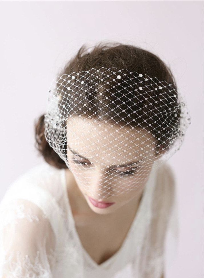 Bridal birdcage veil with pearls, Wedding pearl blusher veil, Bird cage vail head piece, 9 Inch Birdcage Russian French Netting