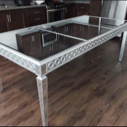 84”L Mirrored Dining Table With Silver Trim