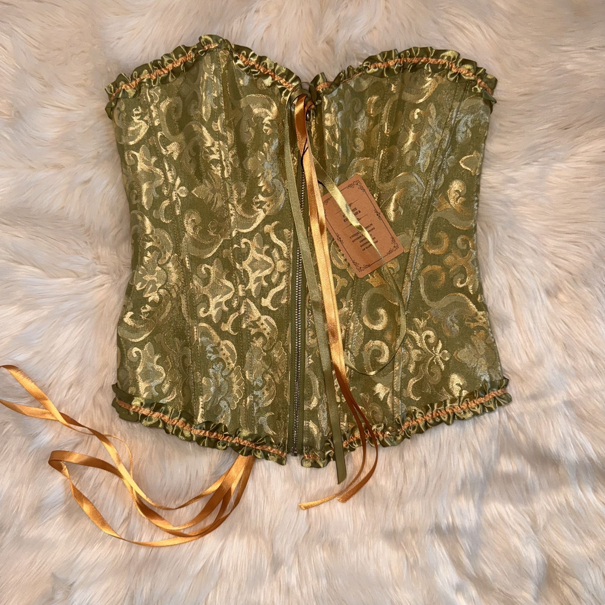 Jacquard Corset Top Green & Gold Over Bust Laced Back Zippered Victorian Bustier Size M