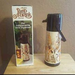 Vintage 1977 ALADDIN PUMP-A-DRINK 1 Quart Thermos AUTUMN WHEAT PATTERN with Original Box🌾