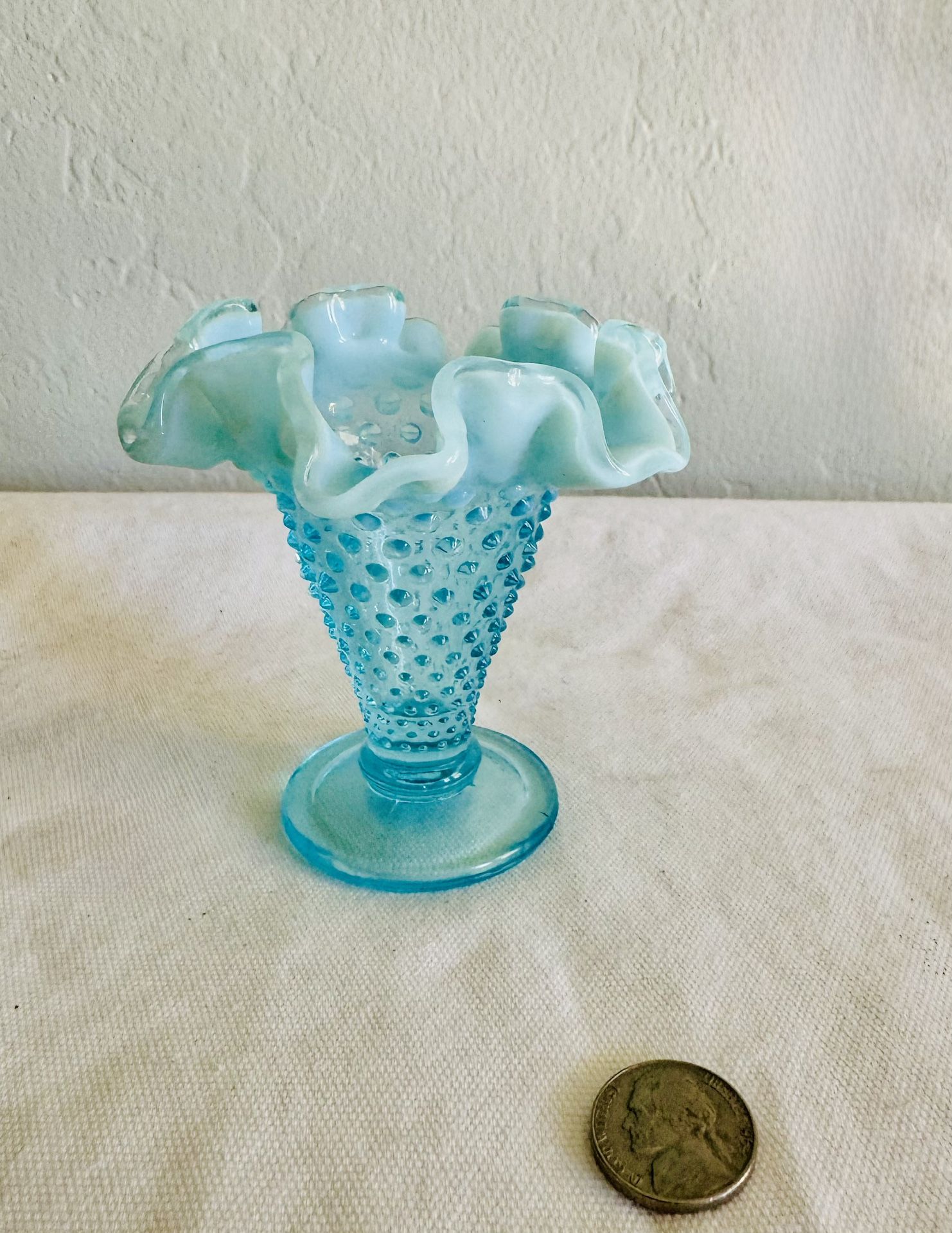 Vintage Fenton Art Glass Aqua Blue Opalescent Hobnail Ruffled Vase