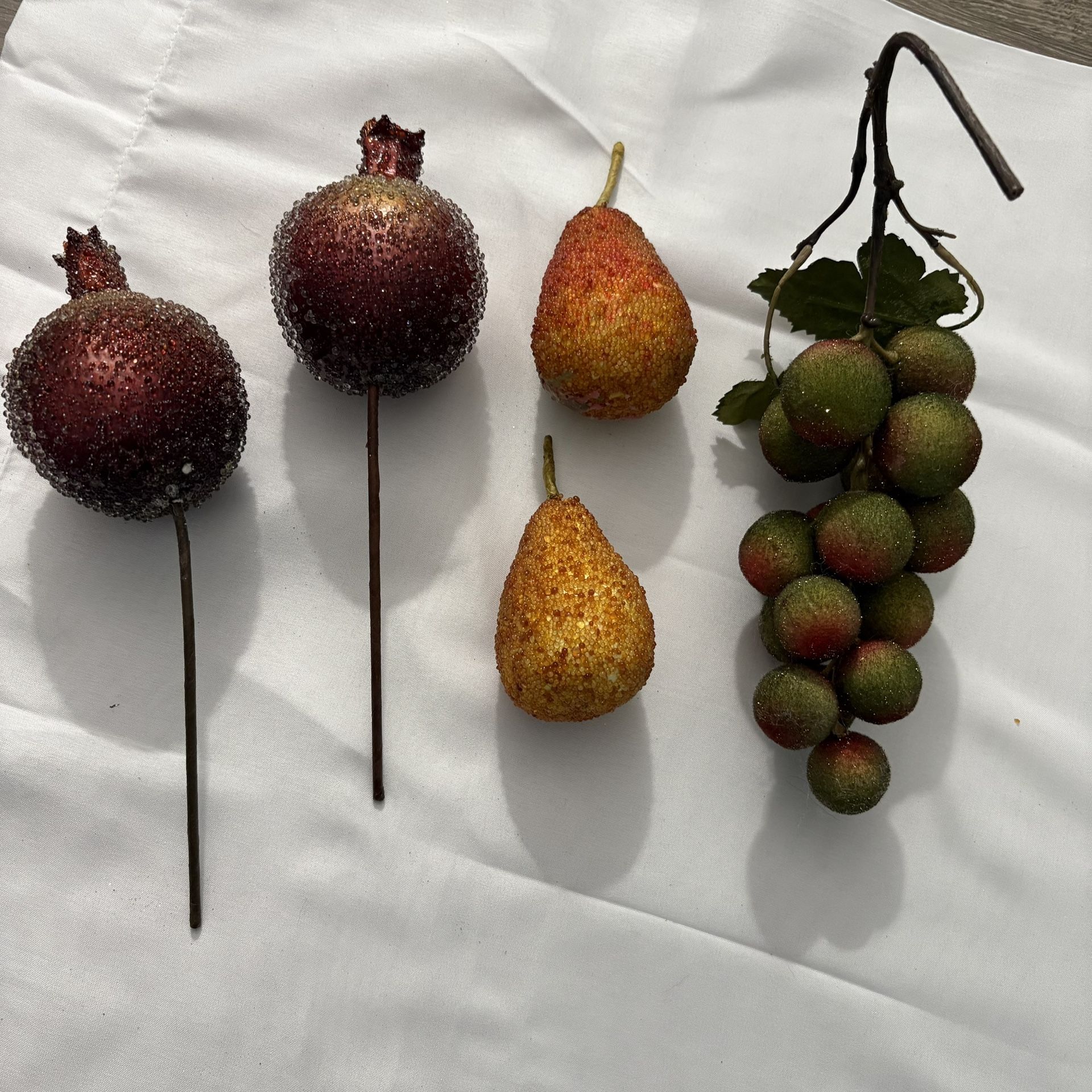 Vintage Faux Fruit, Beaded Sugared Pomegranates, Pears, Sugared Fuzzy Grapes. Holiday, Rustic