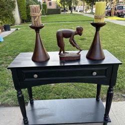 Wood Statue And Candle Holders 