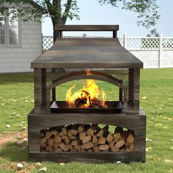 Bestier 37" Fire Pits, Outdoor Wood Burning Fireplace for Outside, Rectangular Chiminea Firepits with Poker, Wood Storage, Rain Cover and Removable Fi