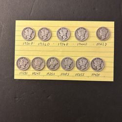 Coins  Mercury Dimes 90% SILVER – 1920s and 1930s and 1940s decades - Total 11 Coins 
