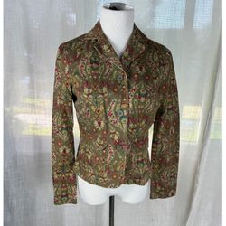 Vintage Liz Claiborne Women Olive Floral Paisley Tapestry Cotton Blazer Jacket S