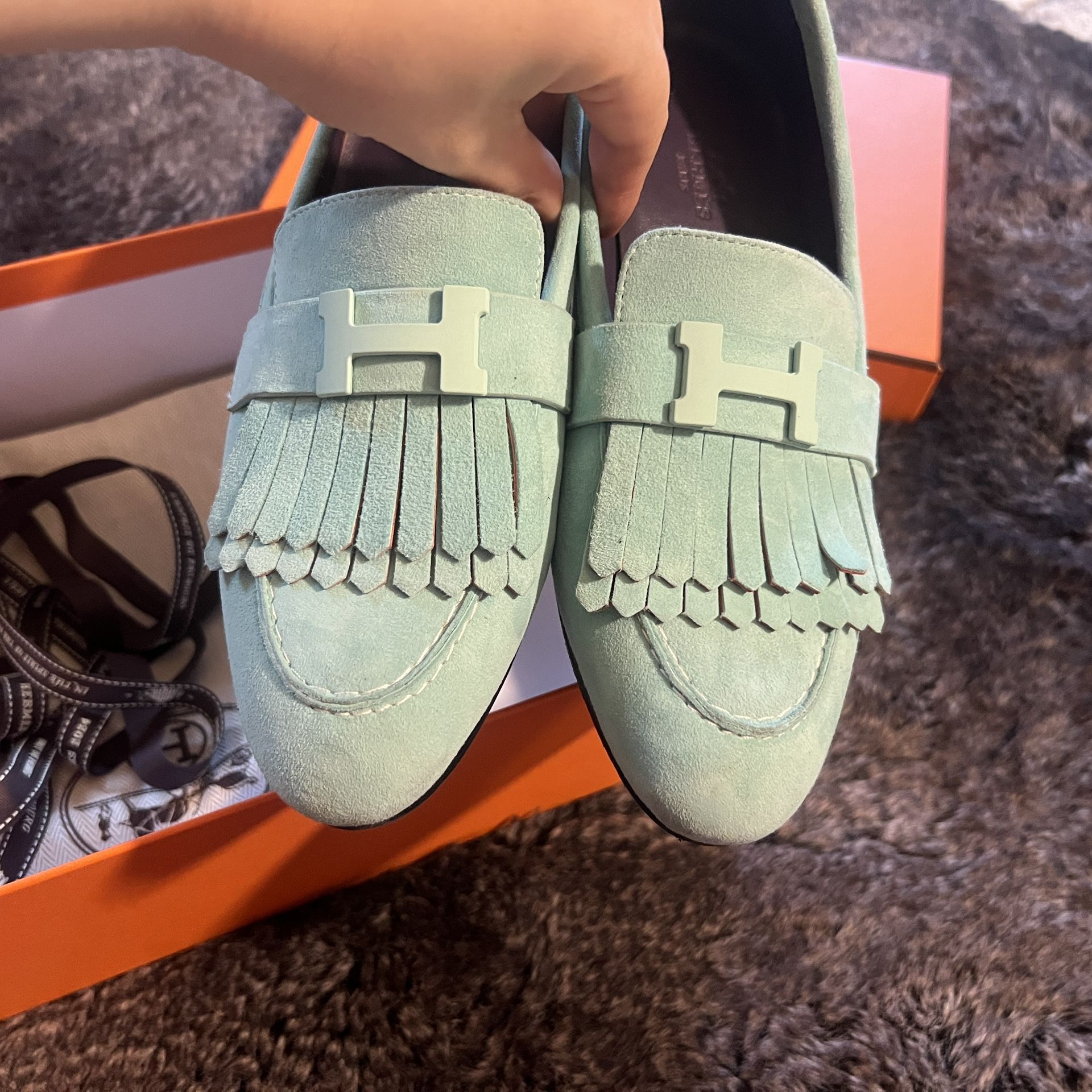 Hermès Royal Suede Loafer US35 Ladies' Light Blue Constance Fringe Box