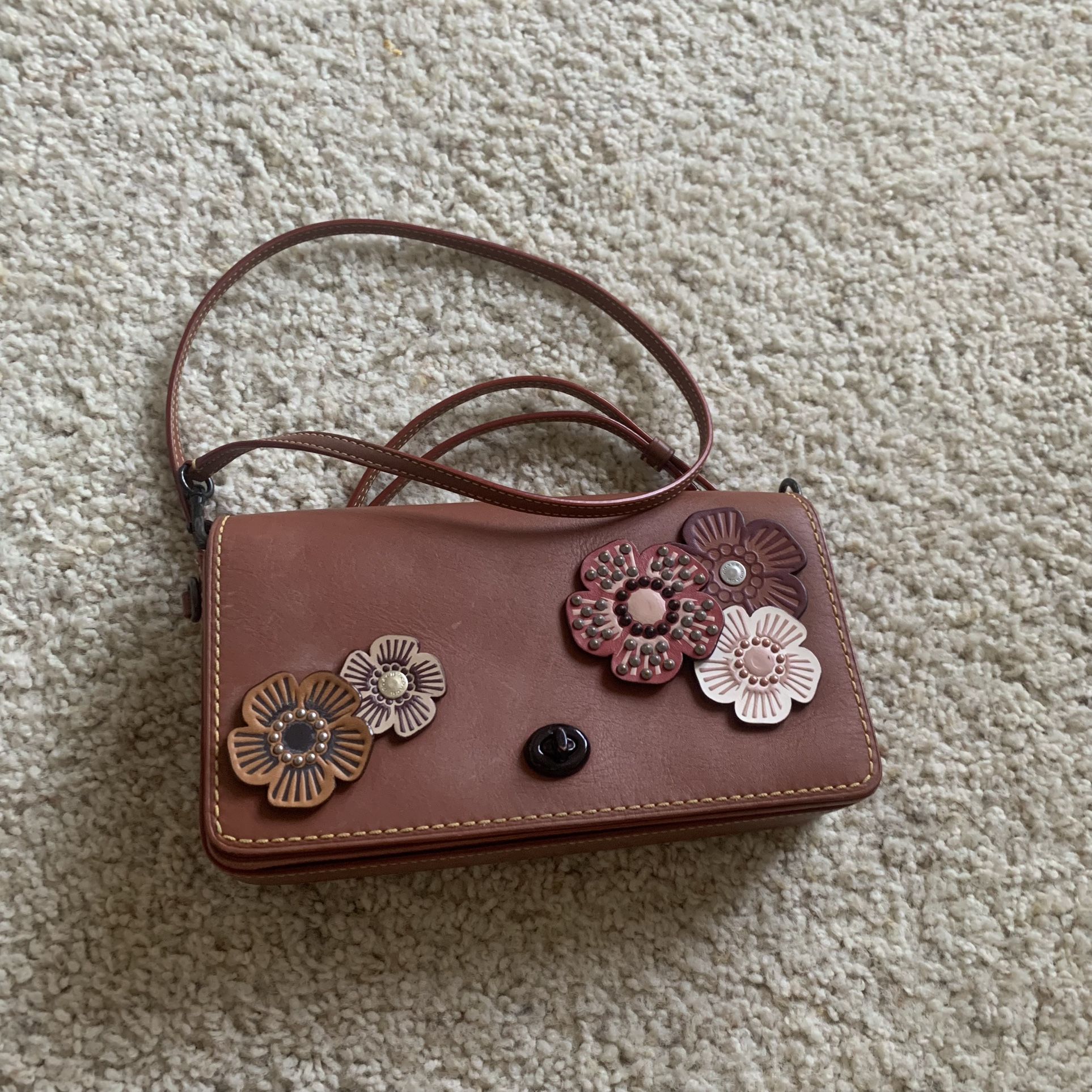 COACH Leather Crossbody Bag Brown - with Customized Flowers