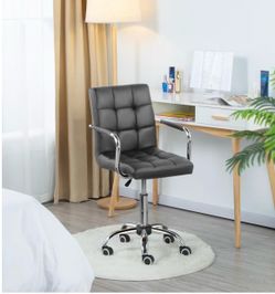 Mid Back Desk Chair, PU Leather Office Task Chair with Armrests/Large Seat, Adjustable Chair with Wheels, Grey