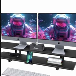 Dual Monitor Stand, 2-Tier Wood Monitor Riser with Storage Organizer and Cable Management, Black