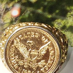 #2188, 18k GOLD PLATED 1874 PERCHED EAGLE COIN RING Sz 9 
