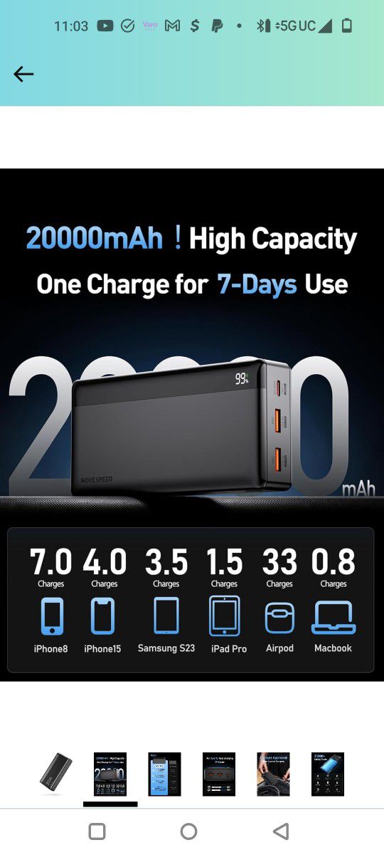   35W, 20000mAh  MOVE SPEED Portable Charger  Power Bank