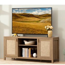 Wood TV Stand with Cabinet Storage and Shelf, Fits Up To 65" TV