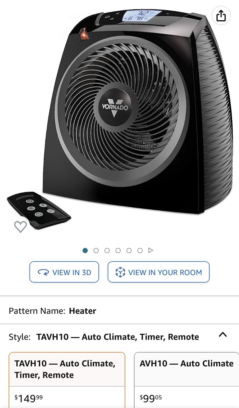 Vornado TAVH10 Electric Space Heater with Adjustable Thermostat, Auto Climate Control, 2 Heat Settings, 12-Hour Timer, Remote, Advanced Safety Feature