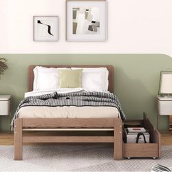 🔥Special Discount (Brand new in Box)🔥Modern Twin size Platform Bed Frame with Trundle, Space-Saving Design, White Washed Finish, No Box Spring Neede
