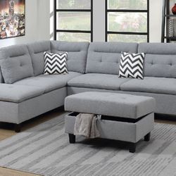 Brand New Light Grey Sectional Sofa w Storage Ottoman 