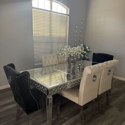 Mirror Silver Dining Table With 6 Velvet Chairs 