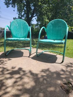 Vintage Turquoise Metal Lawn Chairs – Set of 2