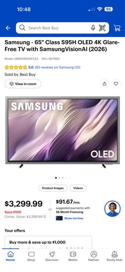 Samsung - 65" Class S95H OLED 4K Glare- Free TV with Samsung VisionAI (2026) BRAND NEW