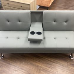 New Leather Reclining Futon with Cupholders and Pillows, Grey 