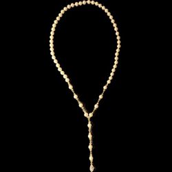New Design, Faux Pearl And Crystal Beads Golden Tone Long Necklace, 24” Chain, 4” Pendant
