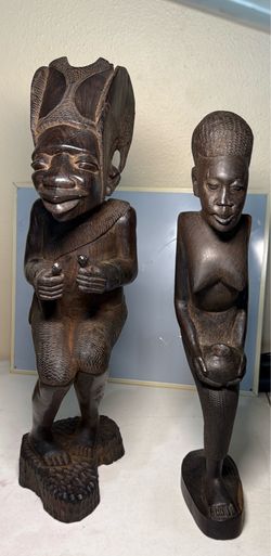 Vintage Hand-Carved African Hardwood Sculptures – Set of 2