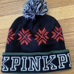 PINK Victoria’s Secret Pom Pom Hat OS Black Red Limited Edition Snowflake Beanie