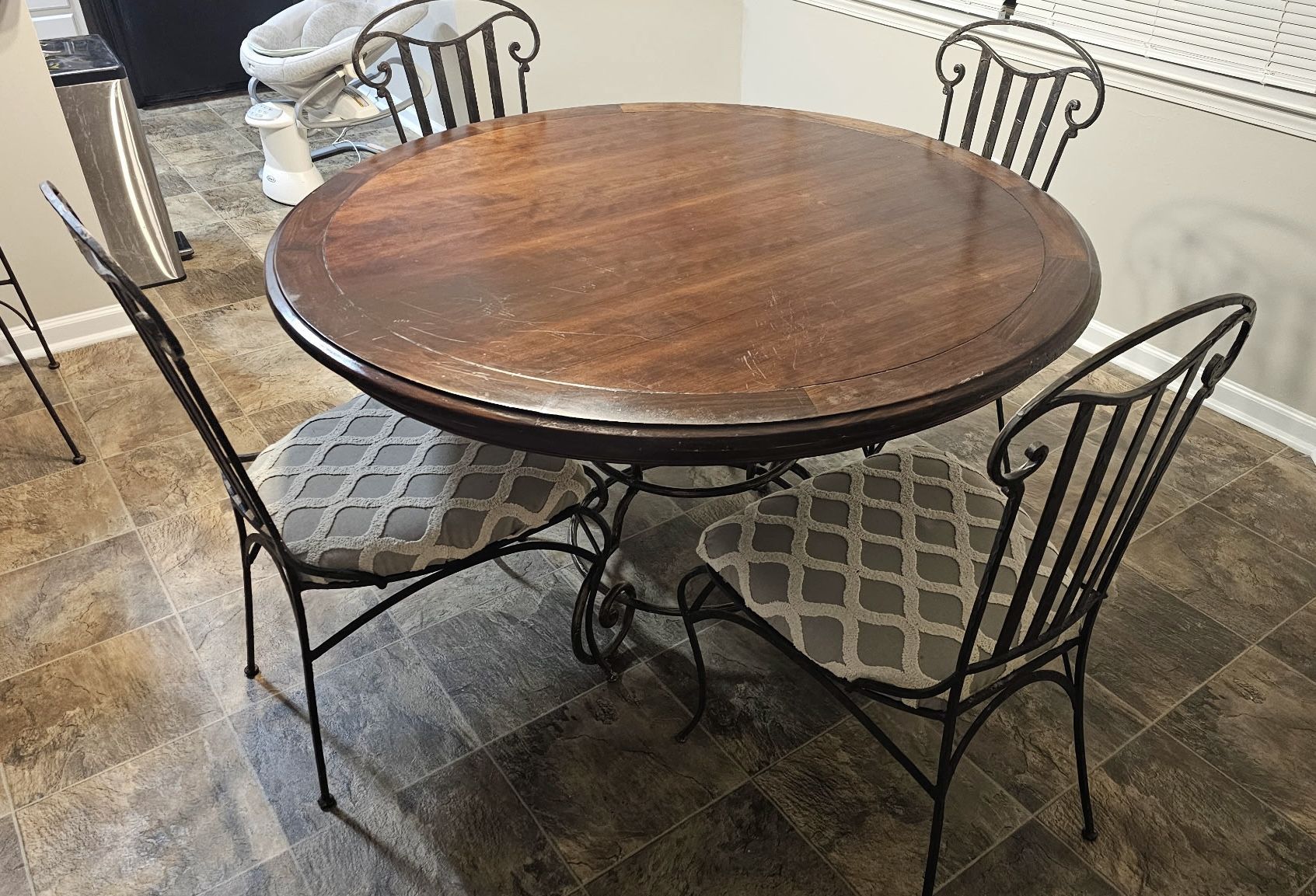 High End Heavy Round Wood & Wrought Iron Dining Table with 4 Matching Upholstered Chairs
