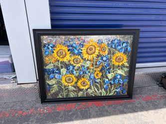 Original Signed Floral Oil Painting – Sunflowers & Blue Irises – Large 55” x 42”