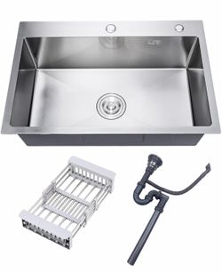 30" X 18" X 9" Topmount Kitchen Sink, 304 Stainless Steel Drop In Single Bowl Sink With Basket Strainer For RV, Travel Trailer, Garage(Nano)