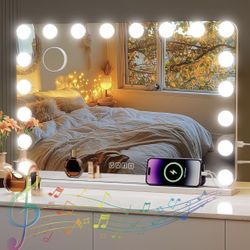 New! Vanity Mirror with Lights and Bluetooth Speaker, 32" x 22" Tabletop Hollywood Makeup Mirror, Hollywood Lighted Mirror with 18 Dimmable LED Bulbs,