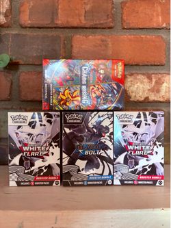 pokemon cards white flare booster bundle, black bolt booster bundle and chaos rising booster bundle