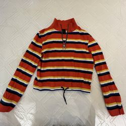 ZINE INDIANA MULTI STRIPE ORANGE QUARTER ZIP CROP SWEATSHIRT
