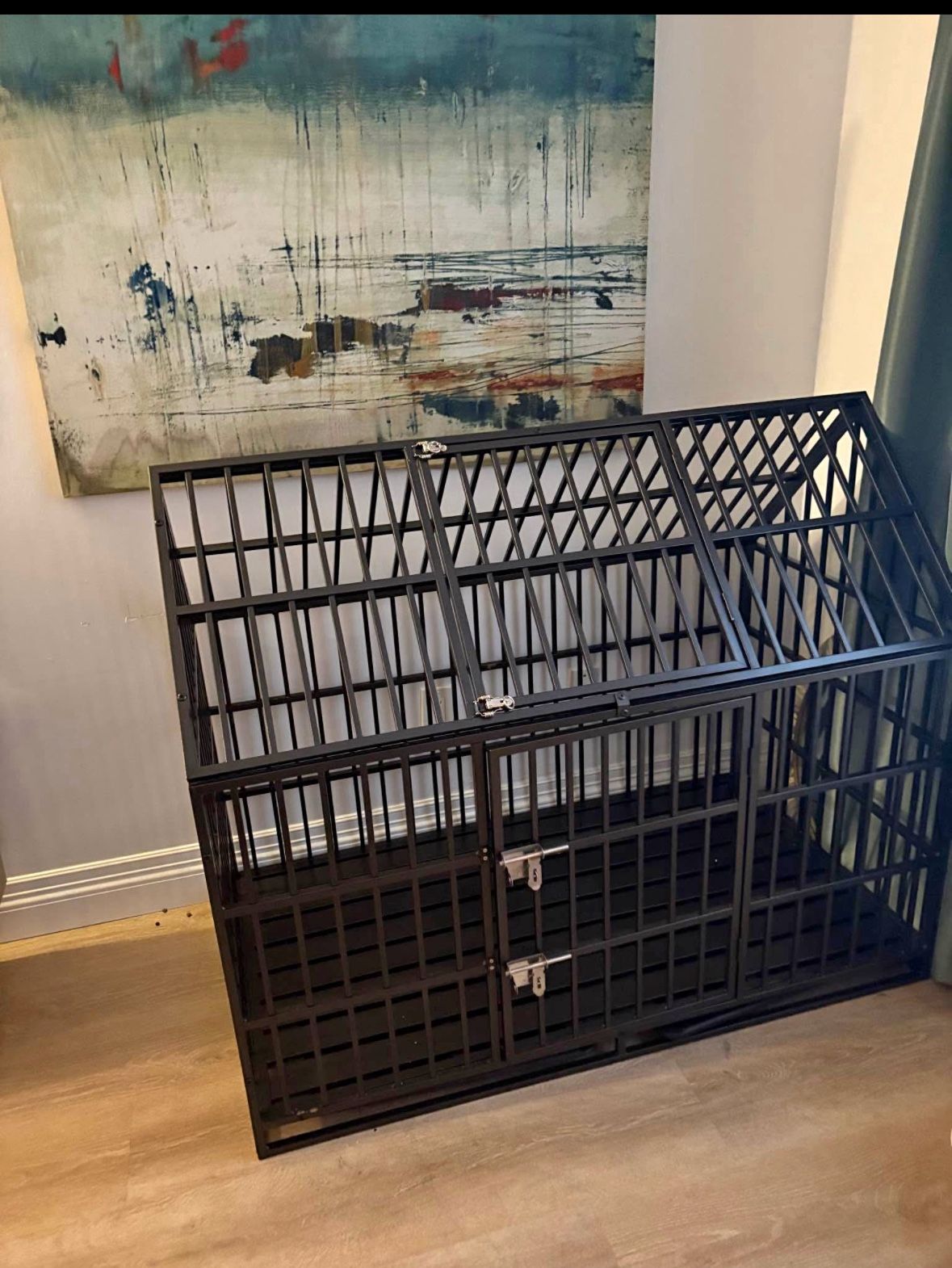 Heavy Duty Dog Crate Extra Large Dog Cage Kennel, Indestructible XXL Dog Crate with Open Roof Top, Trays and Wheels, Escape-Proof