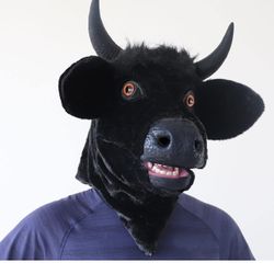 FantasyGears Cow Mask Moving Mouth Cosplay Costume Funny Halloween Mouth Mover Fursuit Head Animal Bull Mask for Adult