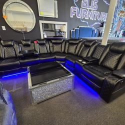 Brand New Sectional 2 Power Recliners Black Faux Leather LED Light W/ WIRELESS CHARGER Trade & READING Light $1599