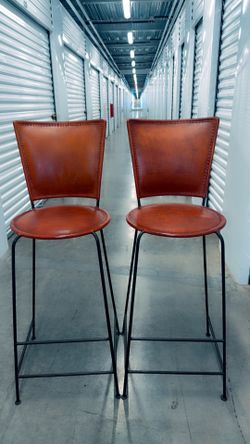 Pair of Rustic Spanish Hacienda Wrought Iron & Hand-Cut and Tooled Leather Bar Stools.
