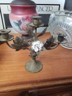 Antique Brass and Porcelain Candle