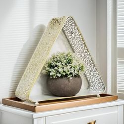Triangle Wall Hanging Metal Shelf with Pattern – Boho or European Style Wall Decor for Living Room, Bathroom, Office