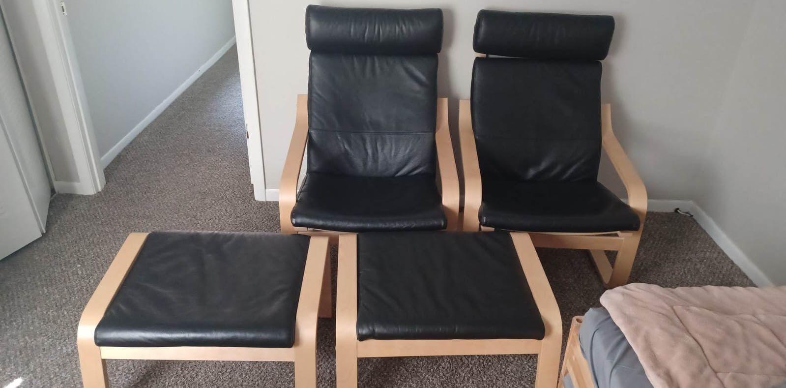 Ikea Genuine Leather Poang Chairs With Ottomans
